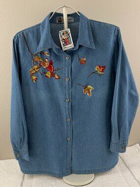Passion Denim Shirt Women L Embroidered Cardinal Bird Leaves Button Front